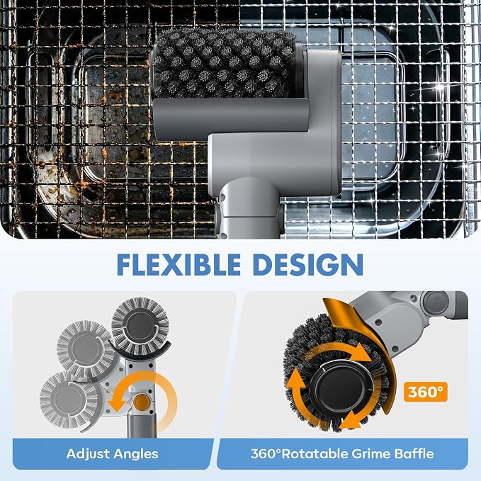 Electric Grill Brush, Cordless BBQ Cleaner, 3-Speed & Angle Adjustable, 3-in-1 Kit with Gloves, Reinforced Bristles, 150Mins Runtime, Removable & Dishwasher Safe for Outdoor BBQ Grates (Light Gray)
