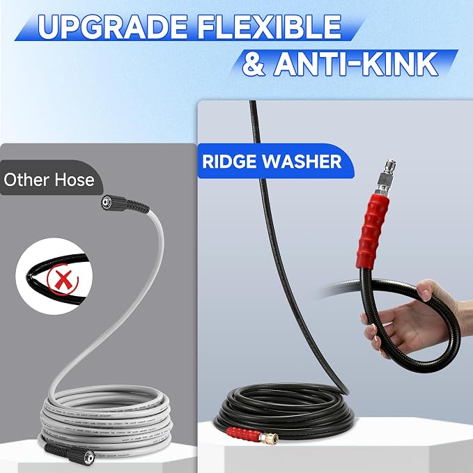 RIDGE WASHER Pressure Washer Hose 50 Feet X 3/8 Inch, 6000 PSI | 2-Wire Steel Braid Hose (R2) for Hot and Cold Water, 3/8 Inch Quick Connect