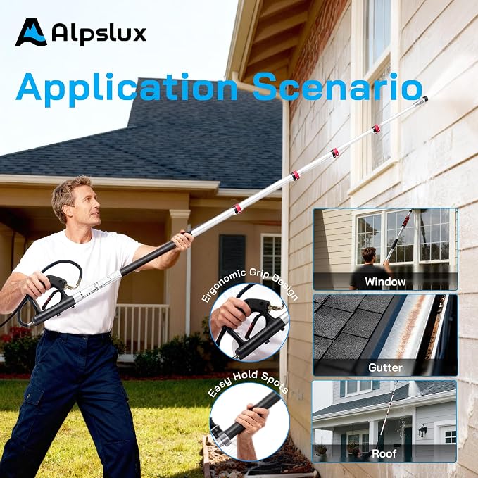 Gutter Cleaning Tools 24 FT Telescoping Pressure Washer 3 Extension Wands, Gutter Cleaner Attachment, Brush Head, 5 Spray Nozzle Tips, 3 Hose Adapters and Adjustable Support Belt