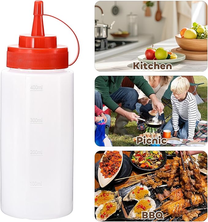 Condiment Squeeze Bottles Ketchup Dispenser, 4 Pack 16oz Squeeze Bottles for Liquids, Plastic Sauce Bottle with Cap Lid, Squirt Bottles for Sauces Liquids BBQ Dressing Pancake Art