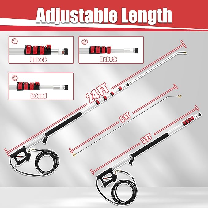 PWACCS 24 FT Pressure Washer Telescoping Wand, Telescopic Extension Wand | Power Washer Spray Wands, Gutter Cleaner Attachment with Support Belt & 7 Nozzle Tips, Brush Head, 4000 PSI