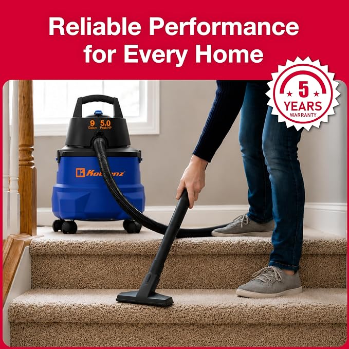 Koblenz WD-9 L212 Wet Dry Vacuum Cleaner, 9 Gallon, 5.0 PHP | 3-in-1 Suction & Blower, Big Vacuum Cleaners for Home, Heavy Duty Shop Vac, CLICK-N-LOCK Hose, Swivel Casters, Black/Blue