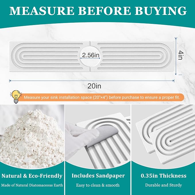 Stone Faucet Mat for Kitchen Sink - Quick Dry Diatomite Sink Splash Guard, Prevents Moisture Buildup & Water Stains, Water Absorbing Stone Tray for Bathroom Countertop (White, 20" x 4")