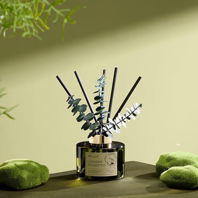 Reed Diffuser Set with 6.76 fl oz Lavender Eucalyptus Scent Essential Oils and 3 Leaves & 8 Diffuser Sticks,Bathroom Shelf Decor & Air Freshener, House Bedroom Office Decor & Gifts