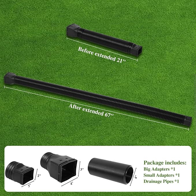 Gutterlix 2 Pack Flexible Gutter Downspout Extensions Extendable from 21" to 67", Downspout Extender Comes with Adapters, Thickened Down spout Drain Extension for Rainwater Drainage(Black)