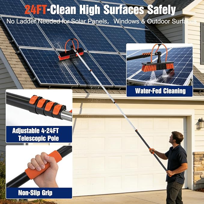 Up to 30FT Reach Water Fed Pole Window Cleaning System, 24FT Telescopic Pole with 180° Rotating Brush & Soap Dispenser, Solar Panel Cleaning Kit for Windows, Gutters & RV