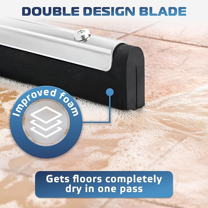 Uneven Surface Floor Squeegee 22’’, Double Foam Blade Garage Squeegee, Taper Pole Connection - Handle Sold Separately for Tiles, Concrete and Asphalt