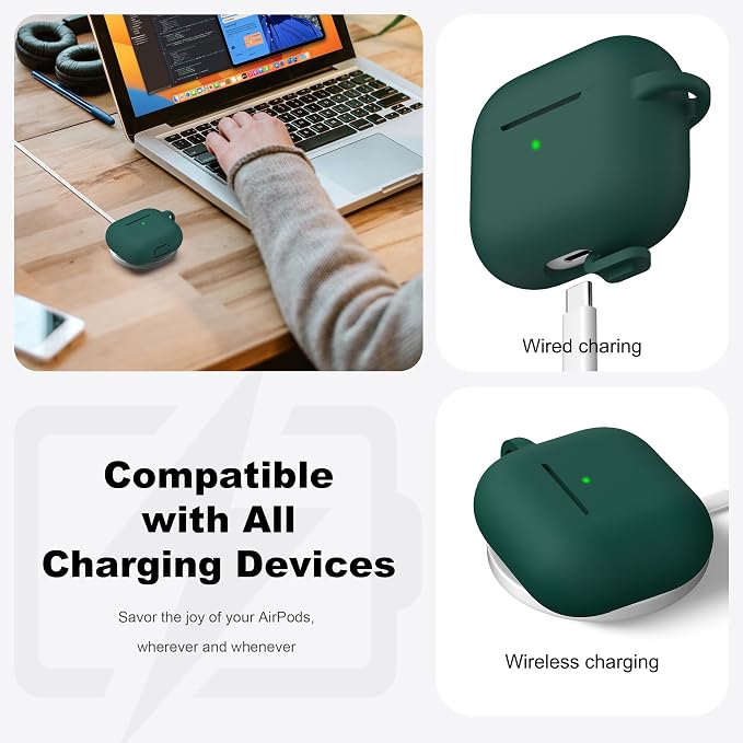 R-fun Compatible with AirPods 3 Case Cover, Silicone Protective Accessories Skin with Keychain Compatible with Apple AirPod 3rd Generation 2021 for Women Men Girls Boys,Front LED Visible,Forest Green