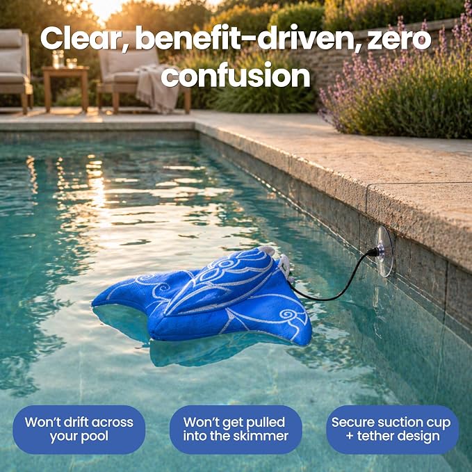 Swimming Pool & Swim Spa Scum Absorber - Blue Oil Absorbing Stingray, Reusable Floating Sponge Soaks Up Oil Lotion Makeup, Machine Washable, Inground & Above Ground Pools