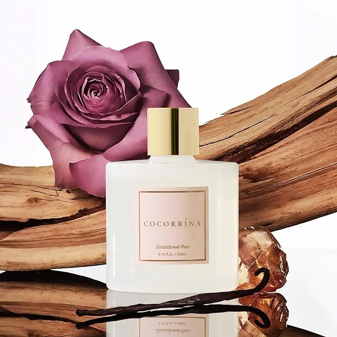 Premium Reed Diffuser Set with Preserved Baby's Breath & Cotton Stick Sandalwood Rose | 6.7oz Scent Fragrance Oil Diffuser for Bedroom Bathroom Home Décor