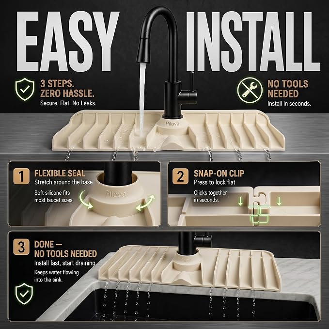 Premium Kitchen Sink Splash Guard – 16" x 5.7" Silicone Faucet Mat with Secure Pressure Clip, True 10° 3D Drainage(No Pooling), Anti-Lift Design, Flexible Leak-Sealing Ring, Non-Slip Fit Behind Faucet