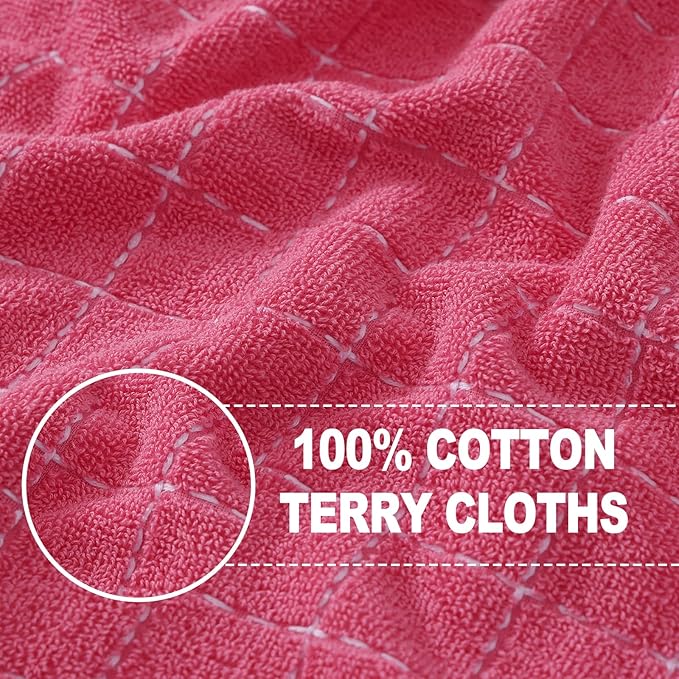 Homaxy 100% Cotton Terry Kitchen Towels(Rose Red, 13 x 28 inches), Checkered Designed, Soft and Super Absorbent Dish Towels, 8 Pack