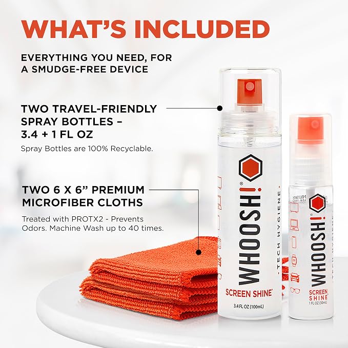 WHOOSH Screen Cleaner and Wipe Kit Duo XL, 3.4 + 1 fl oz | Large and Travel Size Bottles, Non Toxic and Odorless, For iPad, MacBook and Car Screens, 2 Microfiber Cloths