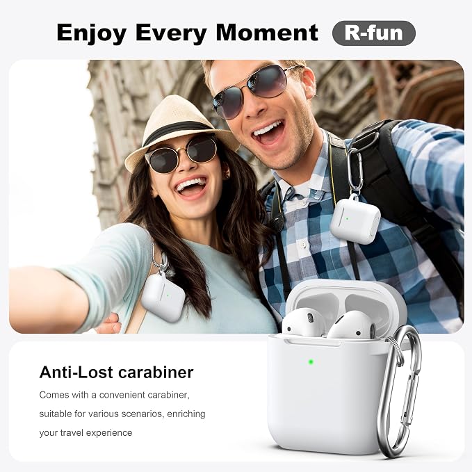 R-fun for AirPods 1/2 Case, Soft Silicone Protective Cover with Keychain and Cleaning Pen, Compatible with AirPods 2nd/1st Generation (2016/2019), Full Drop Protection Cover, White