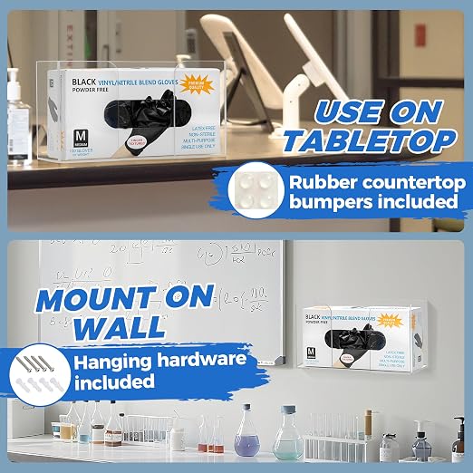 Glove Box Holder Dispenser - Kitchen, Medical, & Latex Gloves Holder Wall Mount or Countertop, Universal Fit - Thick Acrylic, Easy to Use, Slide, & Load Open Top Design - Clear