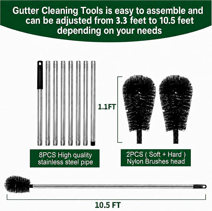 Premium 10.5 ft Gutter Cleaning Tools From The Ground Adjustable Gutter Cleaning with Pole No Ladder Needed Long Reach with Replaceable Brush Removal Leaves Trash From Roof Gutters