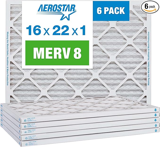 Aerostar 16x22x1 MERV 8 Pleated Air Filter, AC Furnace Air Filter, 6 Pack (Actual Size: 15 7/8" x 21 7/8" x 3/4")