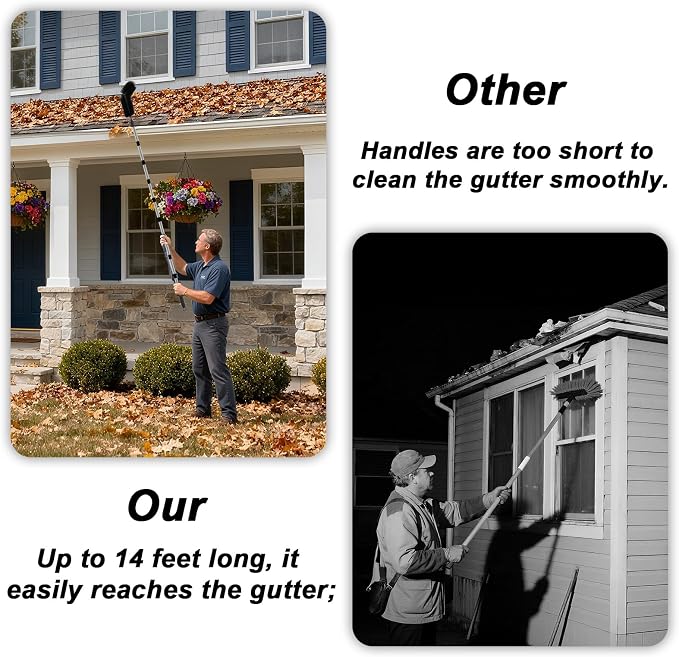 14ft/431cm Gutter Cleaning Tool with 2 Brush Heads, Adjustable Length Ladder-Free Telescopic Gutter Cleaner Pole Brush from the Ground for Leaf Leaves Branches & Debris Cleaning