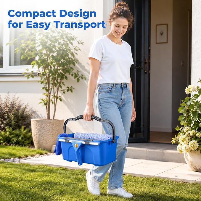 UFORU Professional Window Cleaning Kit with Bucket 3 Gallon for High Indoor | 14" Window Squeegee & 15" Microfiber Scrubber, 76" Adjustable Handle, Effortless Cleaning for High Windows, Homes & Offices
