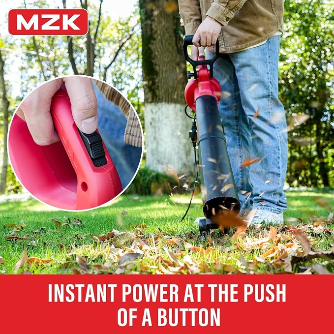 MZK 3-in-1 Electric Leaf Blower Vacuum Mulcher, Corded | Blows, vacuums, and mulches leaves with 460 CFM airflow and 40L bag for gardens, yards, and walkways.