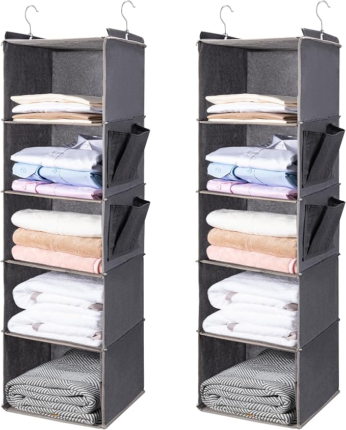 BOOMIBOO Hanging Closet Organize and Shelves,5-Hanging Shelf（2 Pack,Grey） | Dorm Room Essentials, Clothes Organizer with 2 Side Pockets, Hanging Shelves for Closet Storage, Breathable Fabric