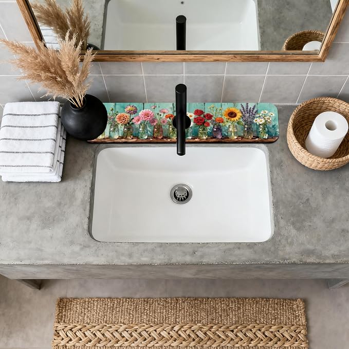 2 Pcs Kitchen Sink Splash Guard Faucet Mats Colored Glass Vases with Plants Pattern Faucet Mat for Sinks Roses Absorbing Drying Mat for Kitchen Bathroom, 23.6x5.5inch