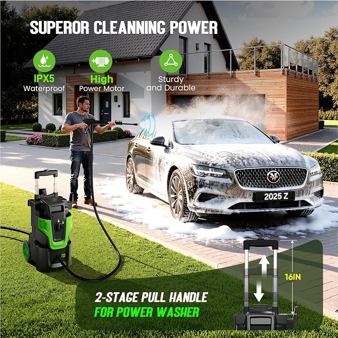 5000PSI Heavy Duty Pressure Washer, 3-Speed Adjustable Power Washer with 2-Stage Pull Rod, 4 Nozzles, Foam Cannon & 500ml Soap Bottle for Car, Home & Outdoor Cleaning,Green