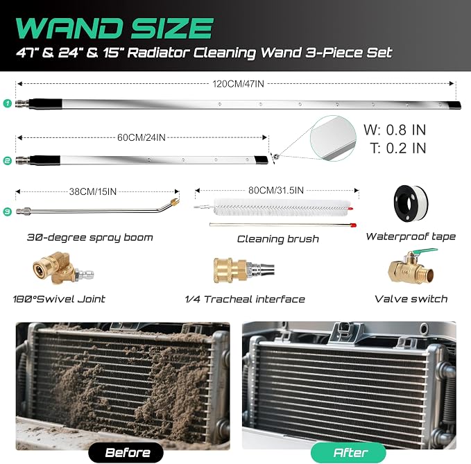 47" & 24" & 15" Radiator Cleaning Wand 3-Piece Set, 4500 PSI Stainless Steel Dual Water/Air Radiator Cleaner with Pressure Washer Gun Adapter & Tips for Cars, Trucks, Heavy Equipment,Silver& Black