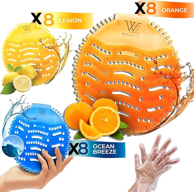 Urinal Screen Deodorizer (24 Packs) with 48 Gloves | 3 Fresh Scents, Ocean, Orange, Lemon| Urinal Cakes | Anti-Splash - Odor Protection for Toilets in Bathroom Restaurant Office Stadium School
