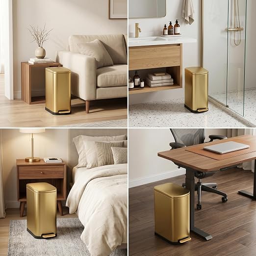 SYNCVIBE Slim Bathroom Trash Can with Soft Close Lid Stainless Steel Garbage Can Step Trash Bin with Removable Inner Bucket for Bedroom, Office, Kitchen (Gold, 3.5 Gallons)