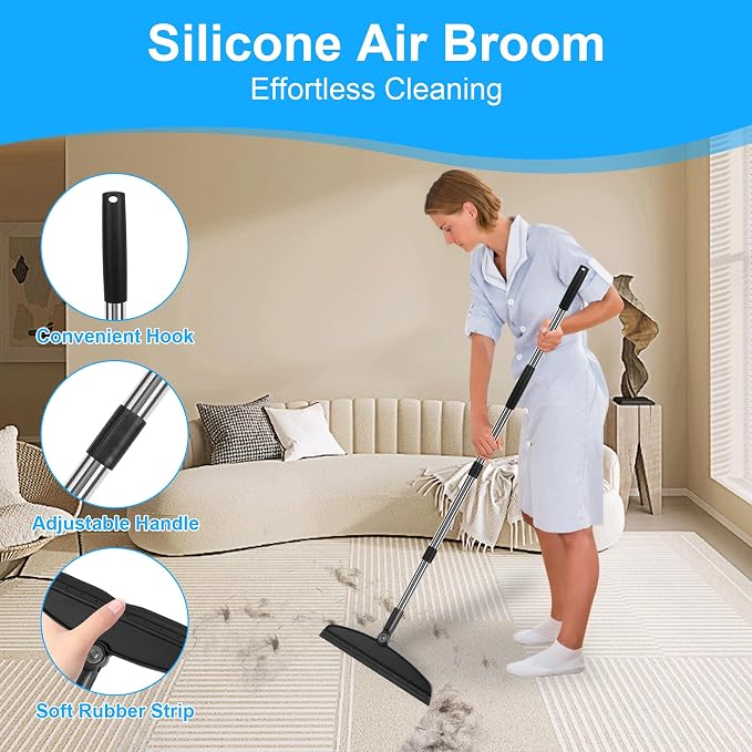Broom and Dustpan Combo Set, 51" Long Handle with Squeegee | Black Complete Cleaning Kit, Floor Squeegee for Wet & Dry Messes, Built-in Comb Dustpan for Home & Pet Areas