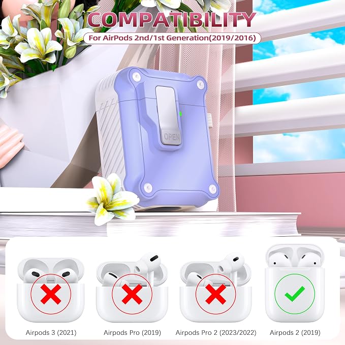 R-FUN for AirPods 2 Case Cover with Lock Magnetic Lid, White/Lavender | Compatible with Apple AirPods 2 and AirPods(2016), Case with Cleaner Kit & Keychain, Powerful Drop Protection