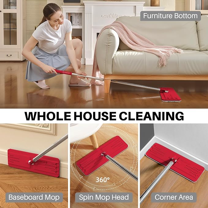 JOYMOOP Flat Mop, Microfiber Mop Head for Floor Cleaning, 50" Handle with 13" Flat Head, Black & Red