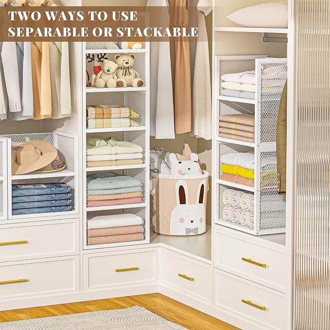 DAOUTIME 6-Tier Stackable Closet Organizers and Storage Basket, Wire Closet Shelf Organizer, Sweater Storage Oragnizer Bins, Multifunctional Clothes Storage Drawer Organizer for Wardrobe, White