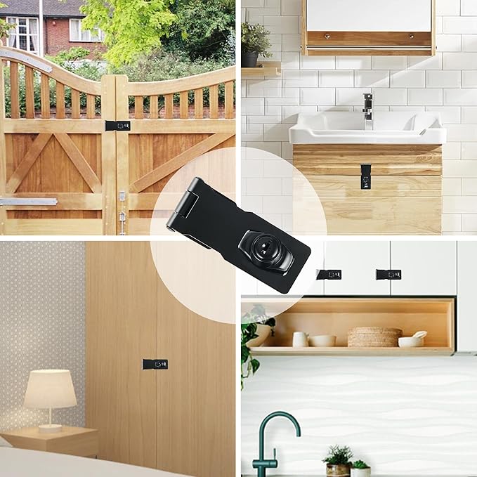 Alise Keyed Hasp Lock,2.5 Inch Safety Packlock Clasp Hasp Lock Latch with Lock, Black Door Hinge Lock with Keys Keyed Locking Hasp for Cabinets Closets Doors