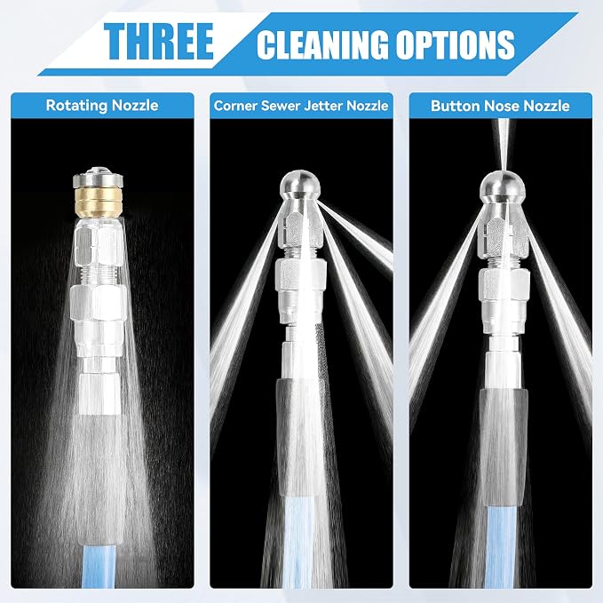 Sewer Jetter Kit for Pressure Washer, 200FT | 3600 PSI Drain Cleaning Hose Short Pressure Washer Gun, 1/4 Inch NPT Corner, Rotating and Button Nose Sewer Jetting Nozzle