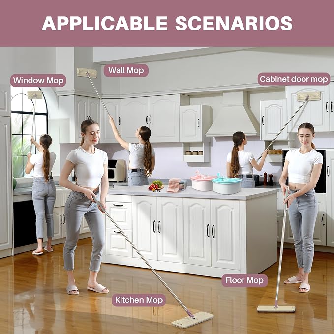 JOYMOOP Flat Mop System, Microfiber Cleaning System for Floor Cleaning and Wall Use, 50" Handle with 13" Flat Head, Beige & Blush Brown