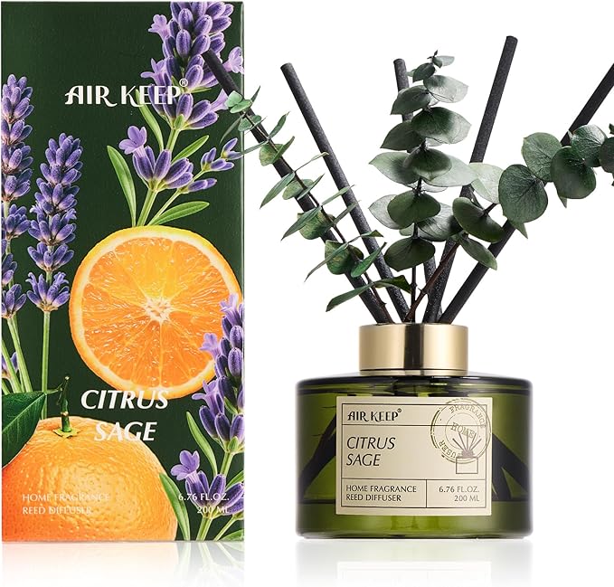 Reed Diffuser Set with 6.76 fl oz Citrus&Sage Scent Essential Oils and 3 Leaves & 8 Diffuser Sticks,Bathroom Shelf Decor & Air Freshener, House Bedroom Office Decor & Gifts
