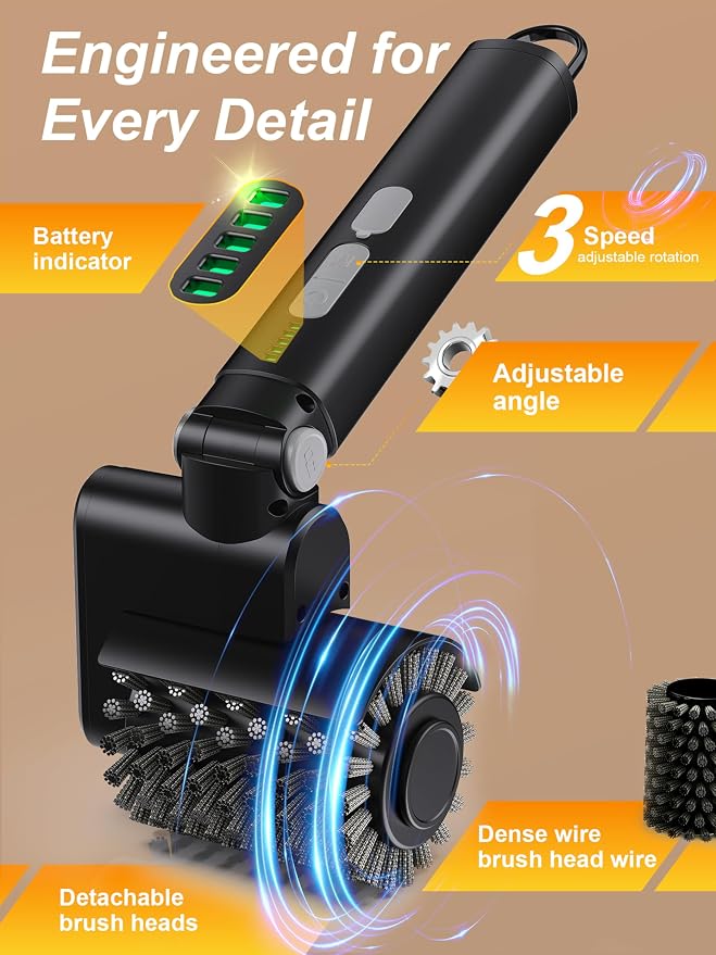 Electric Grill Brush, Cordless Automatic BBQ Grill Cleaner | Rechargeable Grill Cleaning Brush with 3 Heads, 3-Speed & Angle Adjust, 150Mins Runtime for Barbecue Grates