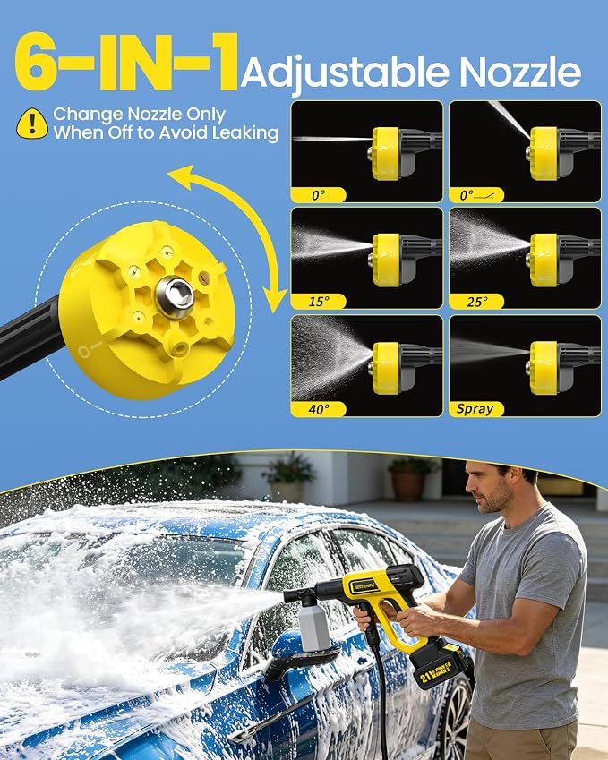 Cordless Portable Washer, Battery Operated Handheld Washer with 21V Battery & Charger, 1100 PSI, 6-in-1 Nozzle, Foam Pot, 23FT Hose, Car Washer for Home Garden Patio Driveway