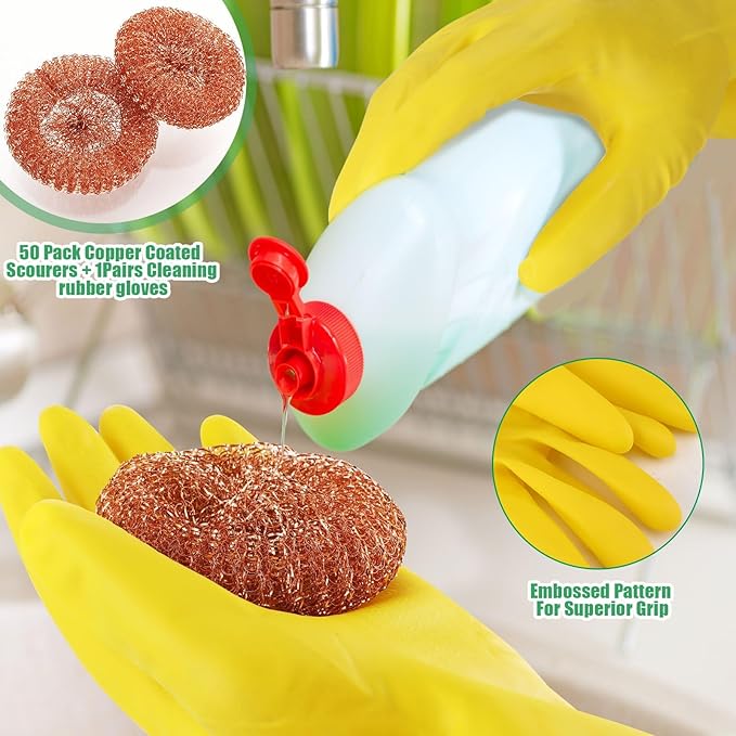 Hushee 50 Pack Copper Coated Scourers Rust Resistant Scrubbing Scouring Pad with 1 Pair of Rubber Household Cleaning Gloves Heavy Duty Copper Mesh Scourer for Dishes, Pots, Pans, and Ovens