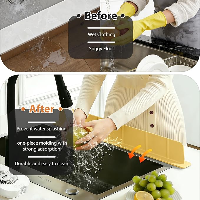 28Inch Silicone Sink Splash Guard with Strong Suction Cups, Flexible Kitchen Sink Splash Guard for Front of Sink, Easy to Clean Splash Guard for Kitchen & Bathroom (Yellow, 28''x2.8'')
