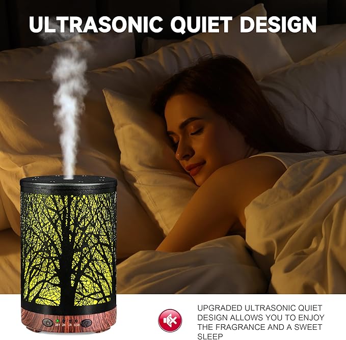 Essential Oil Diffuser 120ML Metal Aromatherapy Diffuser with Timer, Cool Mist Humidifier with Auto Shut-Off & 7 Color Lights for Home Office Spa (Tree)