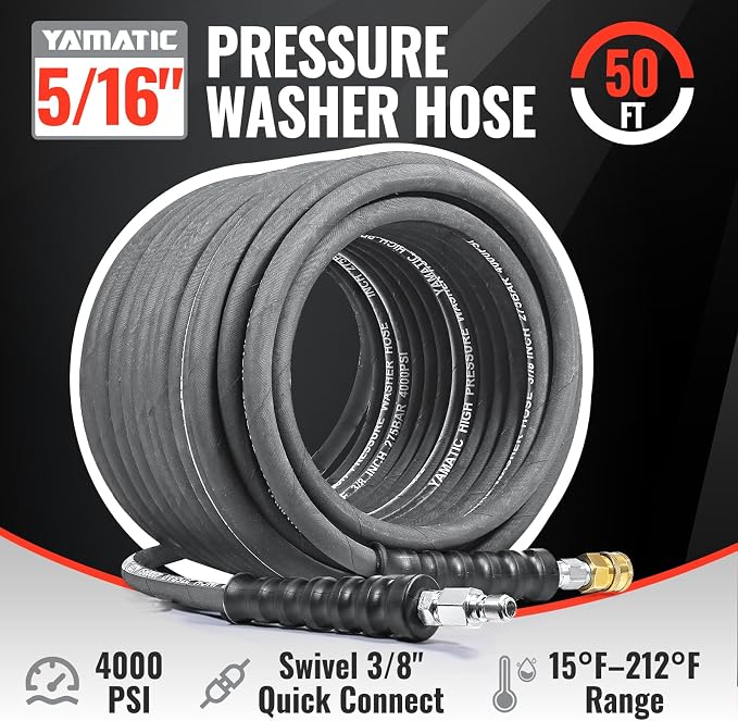 YAMATIC 5/16" Pressure Washer Hose 50FT, 4000 PSI Steel Wire Braided, 212°F Hot Water Power Washer Hose, 3/8" Swivel Quick Connect, M22-14mm to 3/8" Adapters for Simpson, DeWalt, Generac, Troy-Bilt