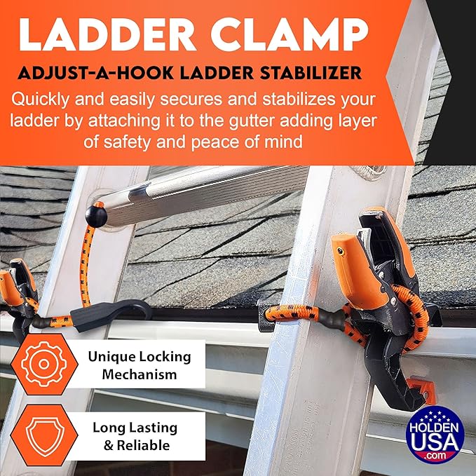 Holden USA - Ladder Clamp - Stabilizer Clip – Secure Safety Clamp for Roof, Gutters, and Wall Prep – Durable Support Cord for Roofing and Gutter Tasks (Orange Pair/2 units)
