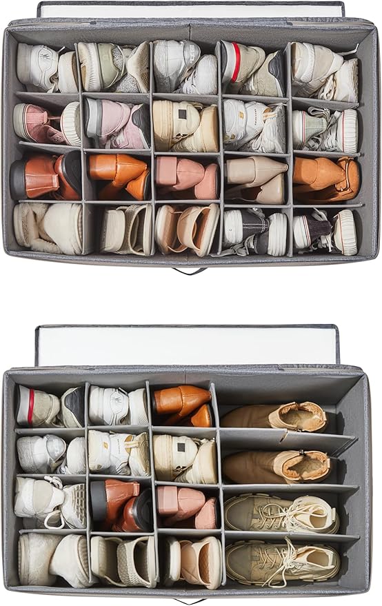 Shoe Storage Organizer for Closet, Shoe Box Organizer, Space Saving Foldable Shoe Rack, Shoe Storage Cabinet with Clear Cover and Reinforced Handles, Fits 20 Pairs, Black