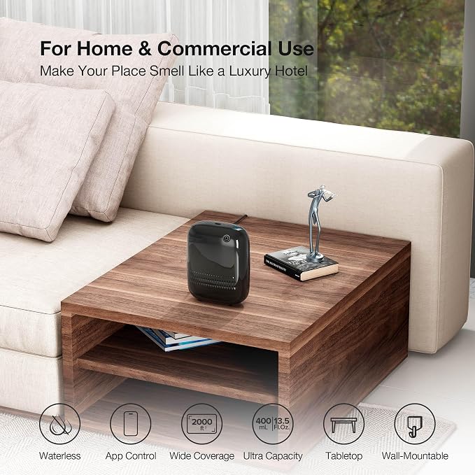 Airversa ANW Smart Waterless Diffuser Starter Kit for Room, Black | 2x100 mL Hotel Scent Fragrance Oil, Up to 2000 sq ft, App Control, 400mL, DC-12V/1A Adapter, Scent Air Machine, ANWKit-2x100