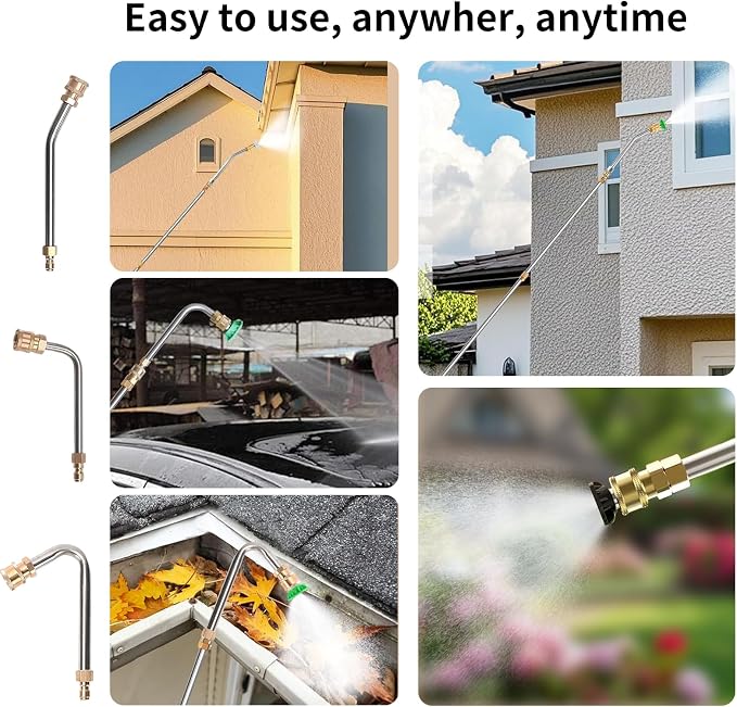 Pressure Washer Extension Wand, Pressure Washer Lance 9 Pack Gutter Cleaning Tools with 6 Spray Nozzle Tips, 30°,90°,120° Curved Rod, 1/4" Quick Connect, 4000 PSI