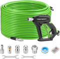 Tool Daily Sewer Jetter Kit for Pressure Washer 200 FT, Power Washer Gun | Drain Cleaner Hose 1/4 Inch NPT, Corner, Rotating and Button Nose Sewer Jet Nozzle, 3600 PSI