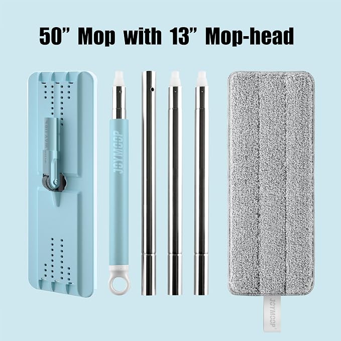 JOYMOOP Flat Mop System, Microfiber Floor Cleaning Tool, 50" Handle with 13" Flat Head, Pale Aqua, Includes Washable Microfiber Pad